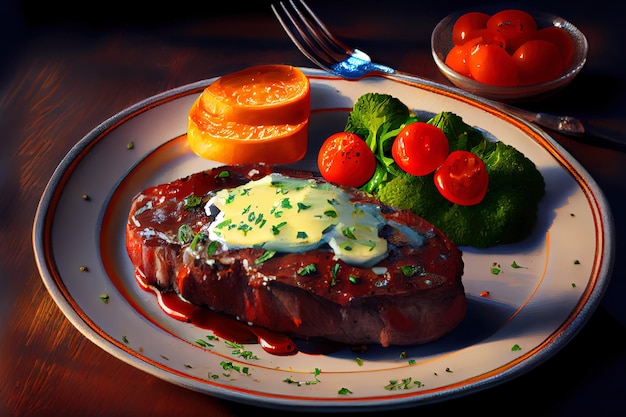 Steak de boeuf sain avec beurre et tomates au four