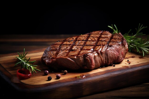 steak de bœuf sur la surface en bois sombre