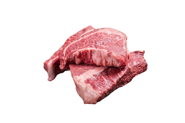 Steak de boeuf de surlonge de capucette cru coupé sur plateau de boucher isolé sur fond blanc