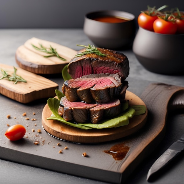 Steak de bœuf tranché au gril sur une planche à couper