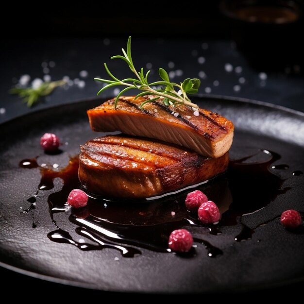 Steak de bœuf tranché avec sauce sur une assiette en bois sur un fond noir IA générative