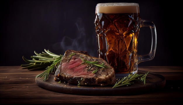 Steak de boeuf avec verre de bière et romarin sur une table en bois ai générative