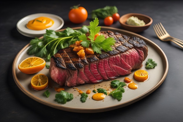 Steak de bœuf wagyu grillé avec persil et mandarines génératif ai