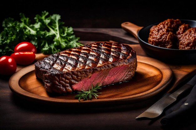 un steak et un bol de haricots sont sur une table