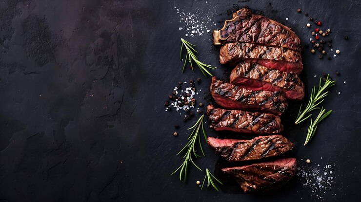 Photo un steak avec un bouquet de romarin et une bouteille de vin