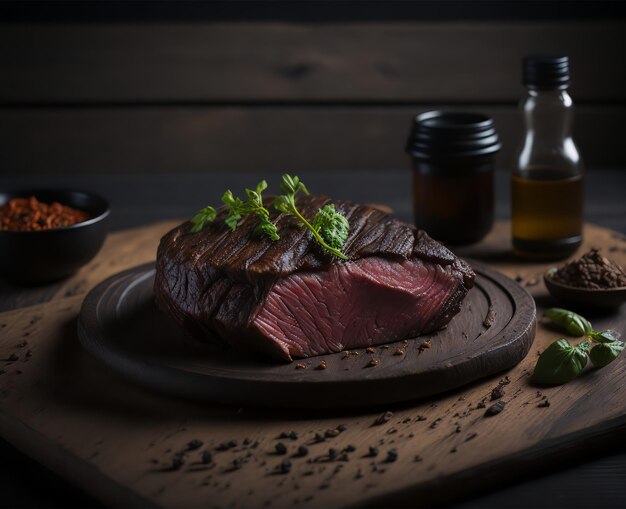 Un steak avec un brin de persil est posé sur une planche de bois.