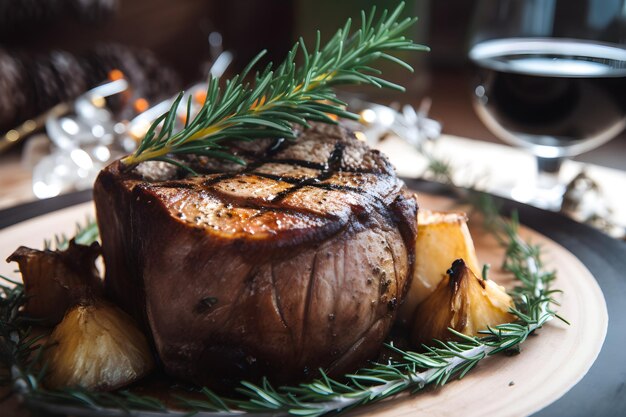 Un steak avec un brin de romarin dessus