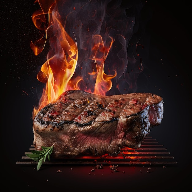 Un steak avec un brin de romarin et d'herbes dessus sur un gril de viande grillée ai généré