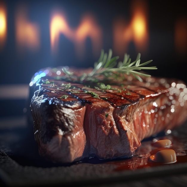 Un steak avec un brin de romarin et d'herbes dessus sur un gril. viande grillée. ai généré