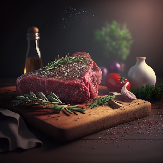 Un steak avec un brin de romarin et d'herbes dessus sur une planche de bois. viande crue. ai généré