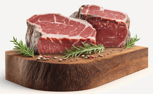 Un steak avec un brin de romarin et d'herbes dessus sur une planche de bois viande crue générée par ai
