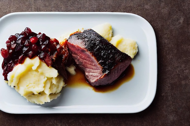 Steak de canard frit en sauce avec purée de pommes de terre et herbes sur assiette au restaurant