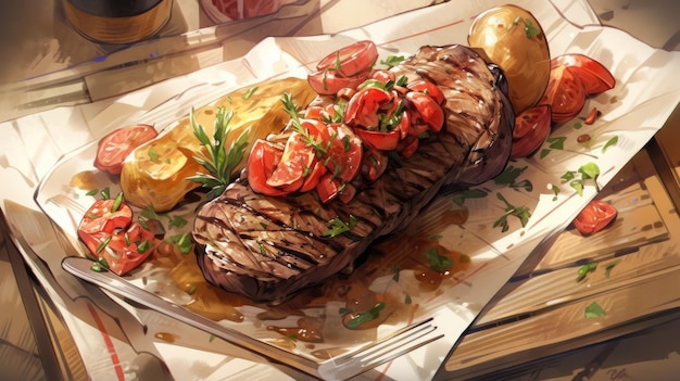 Un steak avec un citron et des tomates dessus