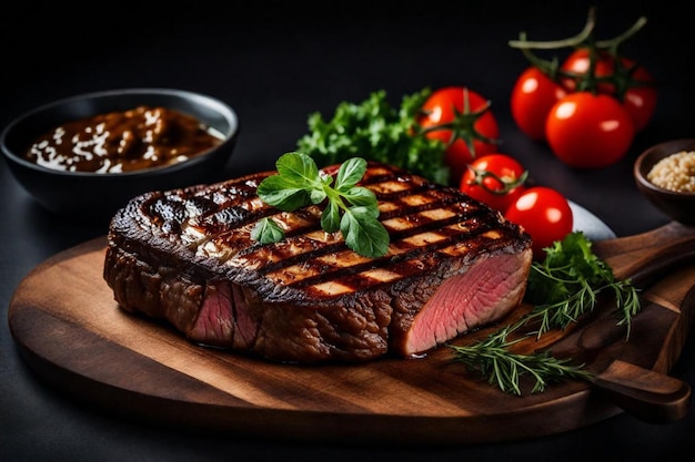 un steak avec un côté de légumes sur une planche en bois