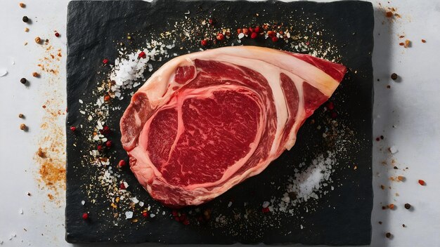 Photo steak de côtes de bœuf marbré frais et épices sur fond de pierre noire espace de copie