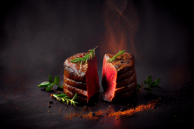 Un steak coupé en deux avec un brin de romarin sur le dessus.