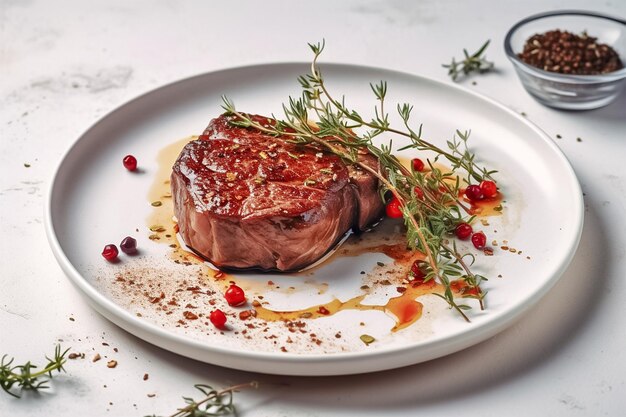 Steak coupé de qualité supérieure sur une assiette blanche fond blanc ai génératif