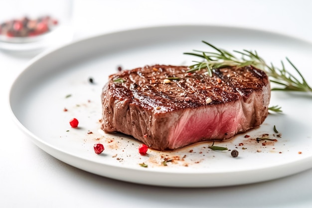 Steak coupé de qualité supérieure sur une assiette blanche fond blanc ai génératif