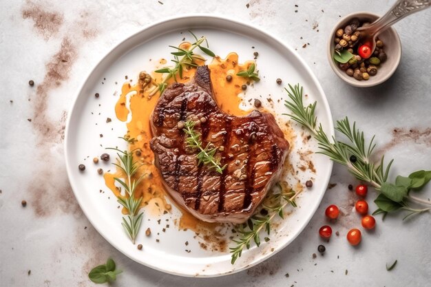 Steak coupé de qualité supérieure sur une assiette blanche fond blanc ai génératif