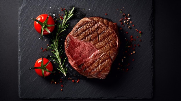 Un steak avec une coupe de viande sur une ardoise noire