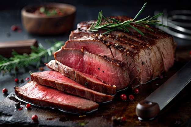 Un steak avec une coupe de viande sur une planche à découper