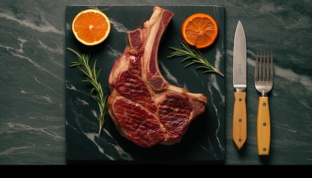 un steak et un couteau sont sur une planche à couper avec des oranges et des couteaux