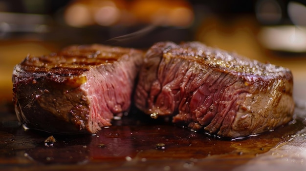 Un steak et un couteau sont sur une table.