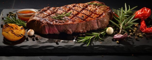 Steak de cow-boy grillé avec des épices et des herbes sur une table d'ardoise