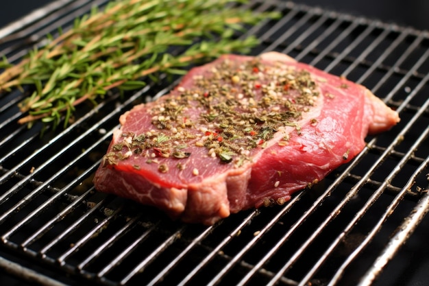 Steak cru aux herbes frotté sur un panier à griller en métal