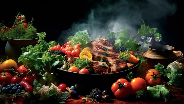 Steak de cuisson au feu avec légumes barbecue grill avec flammes cuisson délicieuse viande de boeuf juteuse