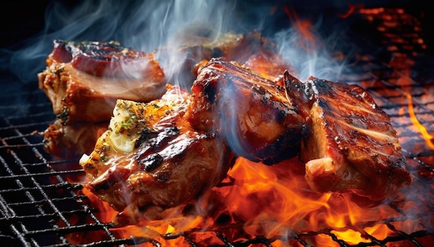 Steak de cuisson au feu avec légumes barbecue grill avec flammes cuisson délicieuse viande de boeuf juteuse