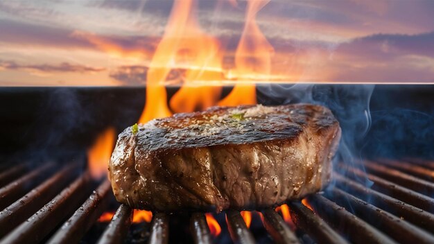 Steak cuit sur un gril à côté de la flamme