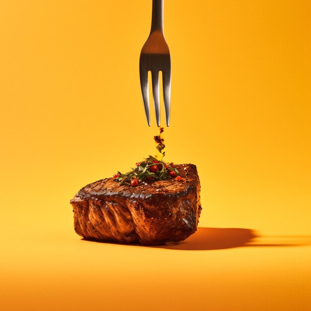 Un steak délicieusement juteux sur une fourchette étincelante une image de stock captivante améliorée par l'IA générative