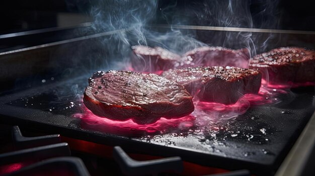 Photo un steak est cuit sur un gril avec une flamme rouge