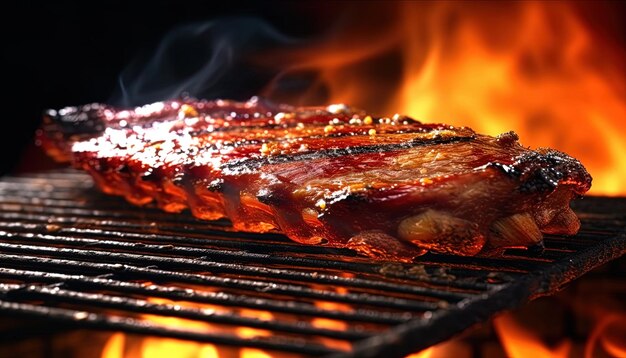 Photo un steak est cuit sur un gril avec des flammes en arrière-plan