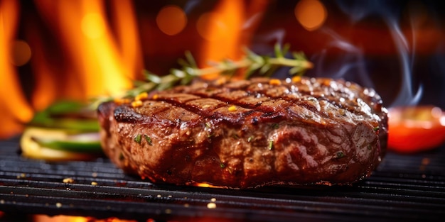 Un steak est cuit sur un grill devant les flammes