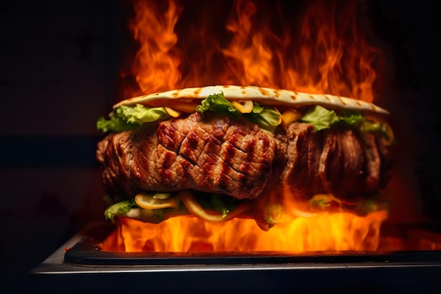 Un steak est sur un feu avec un petit pain dessus