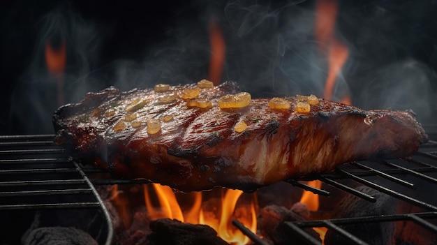 Le steak est grillé sur le feu