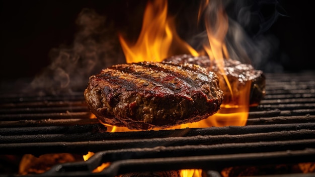 Le steak est grillé sur un gril à feu