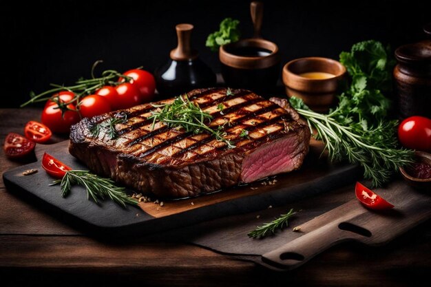 un steak est montré sur une planche à couper avec un couteau et un couteaux