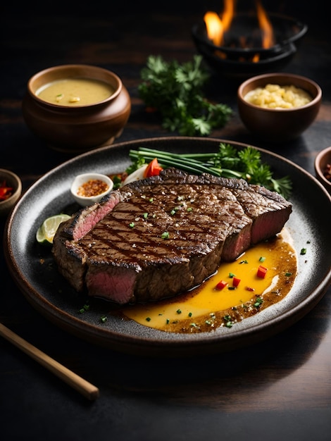 Steak de faux-filet de Kobe parfaitement marbré, saisi à la perfection généré par l'IA