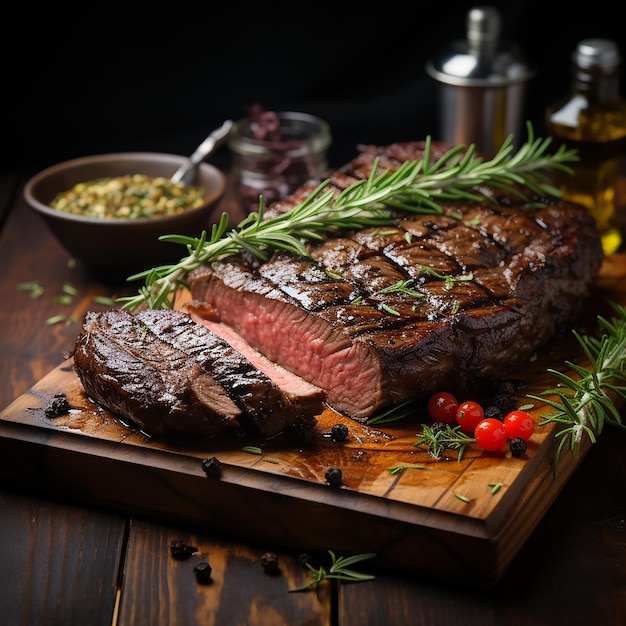 Steak de faux-filet Viande aromatique et juteuse grillée ou poêlée Servi avec des sauces herbes et épicesGénéré par l'IA