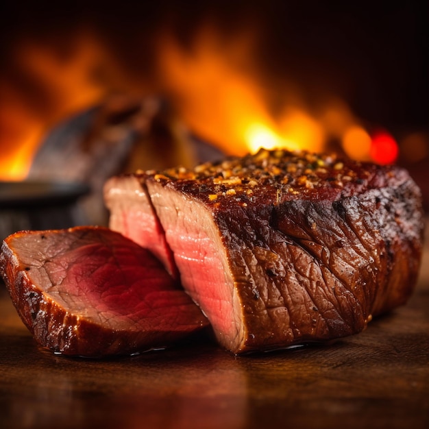 Photo un steak avec un feu en arrière-plan