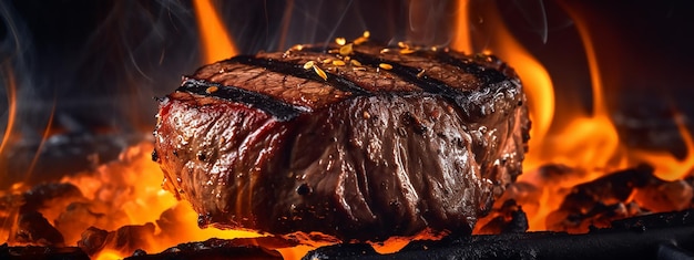 Un steak sur un feu avec des flammes en arrière-plan.