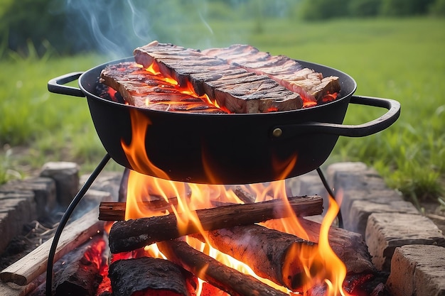 Steak sur le feu avec le fond de la nature