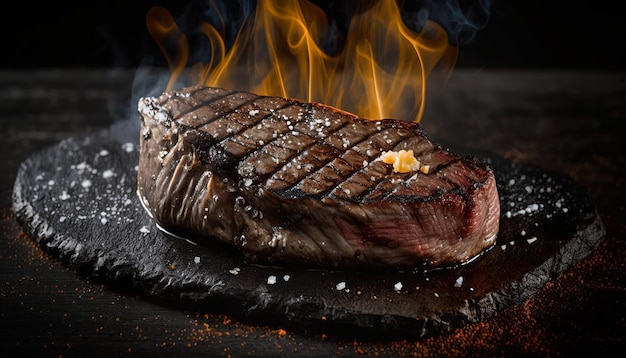 Un steak sur un feu avec le mot steak dessus