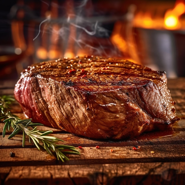 Un steak avec une feuille verte dessus