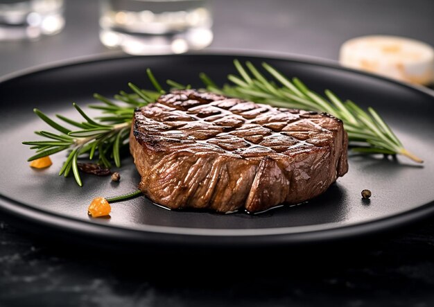 Steak de filet de bœuf avec romarin sur assiette noire dans le restaurant AI Generative