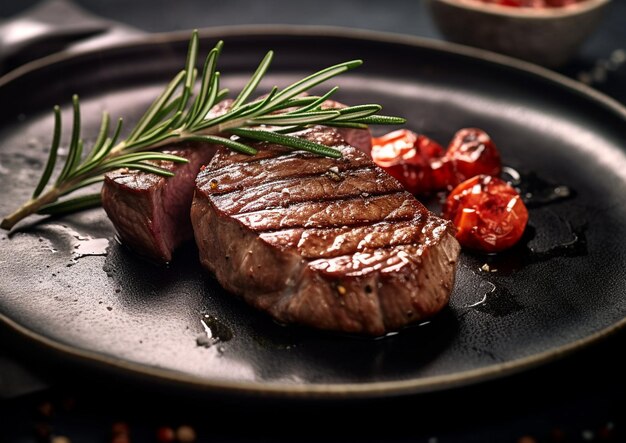 Steak de filet de bœuf avec romarin et tomates sur assiette noire