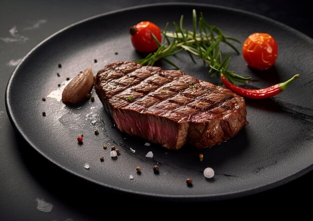 Steak de filet de bœuf avec romarin et tomates sur assiette noire